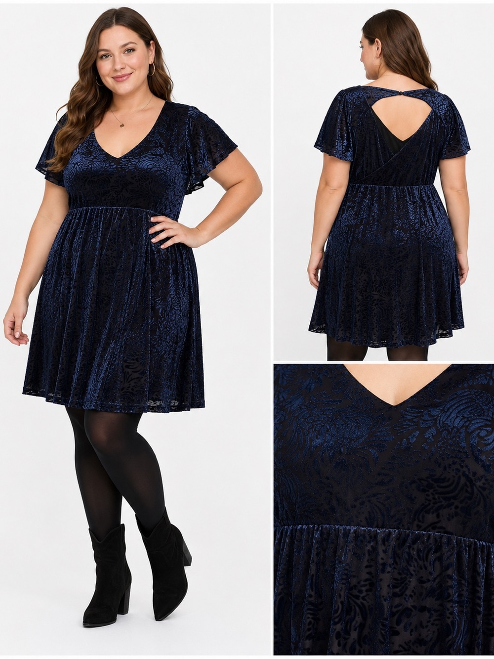 Size 1X Torrid Womens Blue Floral Print Burnout Velvet Short Sleeve Dress - Picture 2 of 8